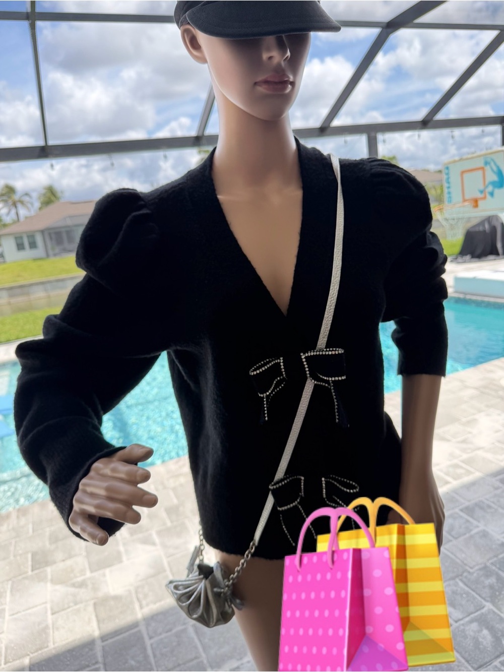 Express , Black V-Neck Puff Sleeve Sweater includes leather  micro-bag